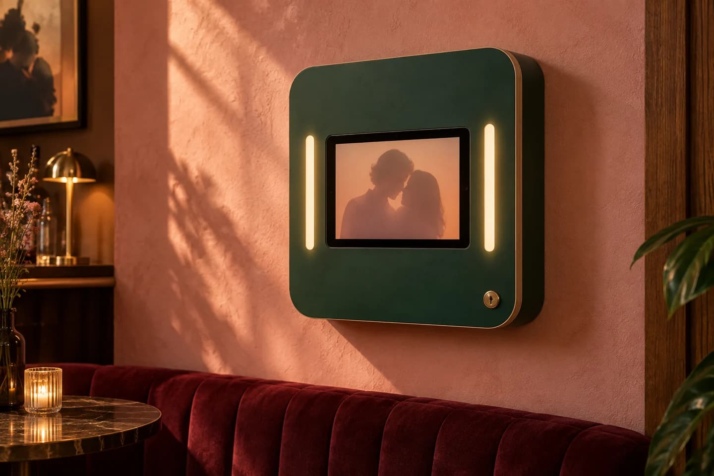 Concept render of a green wooden wall photo booth with soft side lighting in a warm bar interior