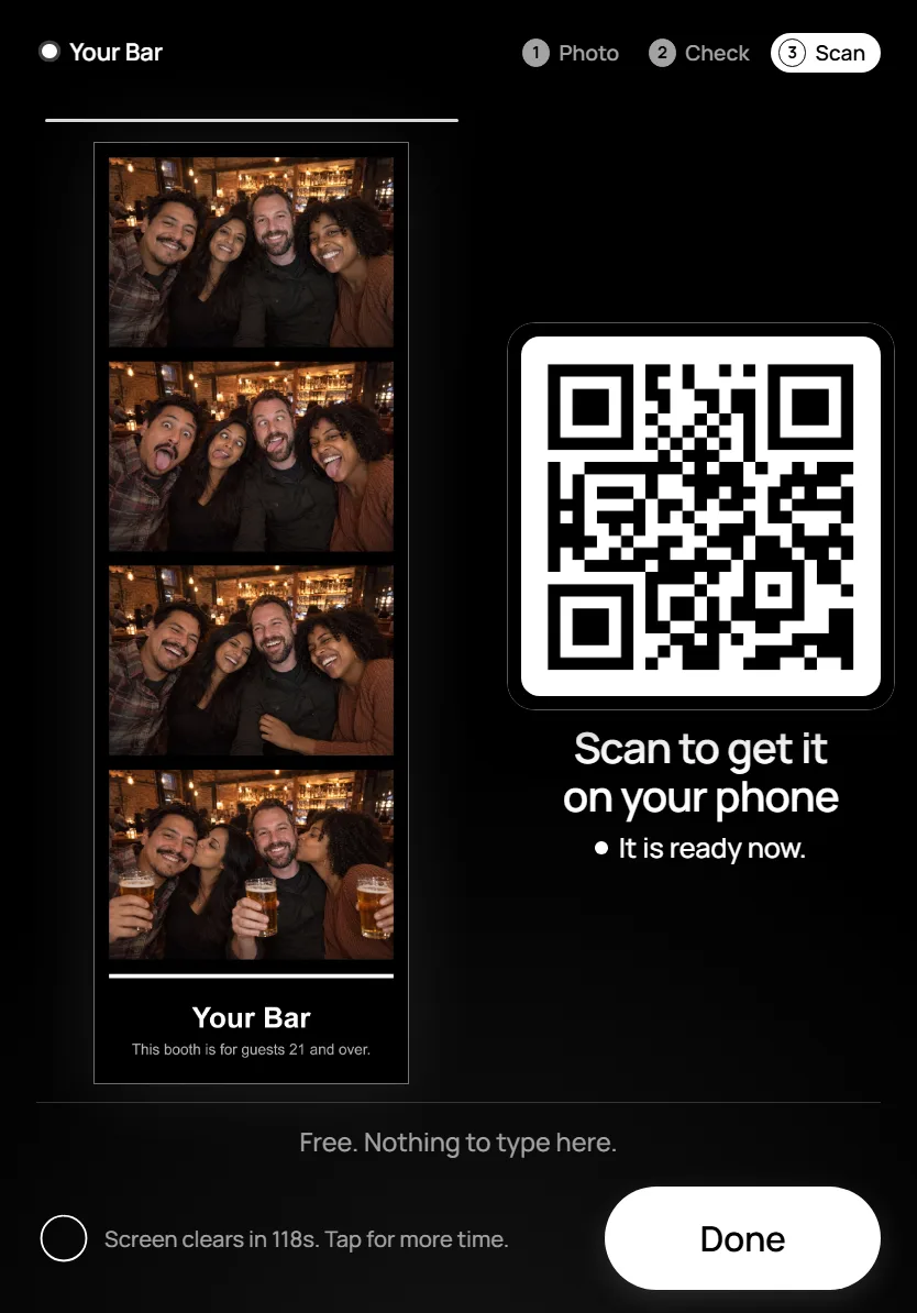 The delivery screen: the strip of four large, and beside it a QR code with Scan to get it on your phone